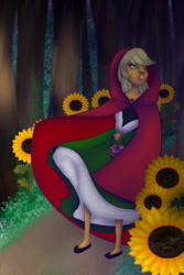 Size: 400x600 | Tagged: safe, artist:snowdeer97, derpibooru import, applejack, human, equestria girls, basket, clothes, dark, fairy tail, female, flower, forest, little red riding hood, lost, path, shoes, solo, sunflower