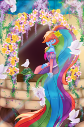 Size: 600x900 | Tagged: safe, artist:snowdeer97, derpibooru import, rainbow dash, tank, bird, dove, human, equestria girls, clothes, dress, female, flower, long hair, rainbow dash always dresses in style, rapunzel, sitting, solo, tower, windowsill