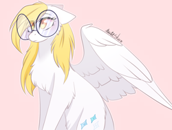 Size: 1400x1050 | Tagged: safe, artist:krissstudios, derpibooru import, oc, oc only, oc:sally lovely, pegasus, pony, cheek fluff, chest fluff, female, glasses, mare, partially open wings, pink background, round glasses, simple background, solo