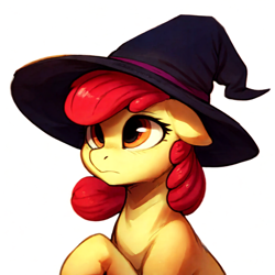 Size: 1408x1408 | Tagged: safe, ai content, derpibooru import, machine learning generated, apple bloom, earth pony, pony, female, filly, foal, hat, simple background, solo, white background, witch hat