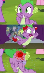 Size: 1500x2506 | Tagged: safe, edit, edited screencap, screencap, spike, dragon, horse play, it ain't easy being breezies, abuse, crying, food, male, op is trying to start shit, sad, shitposting, spikeabuse, stage, tomato, tomatoes