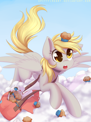 Size: 3150x4200 | Tagged: safe, artist:nightcreepx, artist:spittfireart, derpibooru import, derpy hooves, pegasus, pony, g4, bag, cloud, cute, derpabetes, female, food, high res, letter, mail, mailbag, mailmare, mare, muffin, on a cloud, open mouth, signature, sky, solo, spread wings, wings