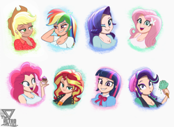 Size: 3000x2200 | Tagged: safe, artist:theretroart88, color edit, derpibooru import, edit, applejack, fluttershy, pinkie pie, rainbow dash, rarity, starlight glimmer, sunset shimmer, twilight sparkle, human, equestria girls, applerack, breasts, busty mane six, cleavage, clothes, cupcake, cute, female, food, grin, headlight sparkle, hootershy, human coloration, humane five, humane seven, humane six, ice cream, light skin edit, looking at you, one eye closed, open mouth, open smile, pinkie pies, rainboob dash, raritits, simple background, skin color edit, smiling, smiling at you, white background, wink, winking at you