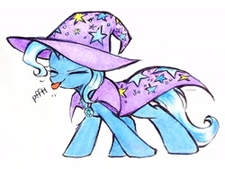 Size: 2574x1931 | Tagged: safe, artist:liaaqila, derpibooru import, trixie, pony, unicorn, g4, :p, brooch, cape, clothes, commission, cute, diatrixes, eyebrows, eyes closed, female, hat, high res, horn, jewelry, mare, onomatopoeia, raspberry, raspberry noise, signature, simple background, solo, tongue, tongue out, traditional art, trixie's brooch, trixie's cape, trixie's hat, white background, wizard hat