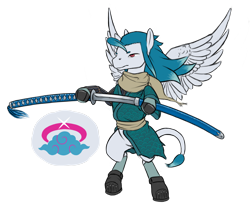 Size: 2048x1710 | Tagged: safe, artist:multiverseequine, derpibooru exclusive, derpibooru import, oc, oc only, oc:sen of zaiban, pegasus, pony, belt, bipedal, boots, clothes, cloud, cutie mark, flowing mane, full body, gloves, hair bang, halo, katana, kimono (clothing), leonine tail, male, nagamaki, pegasus oc, pony oc, red eyes, scarf, serious, serious face, shoes, simple background, socks, solo, spread wings, stallion, standing, sword, tail, transparent background, weapon, wings
