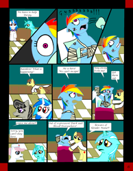 Size: 1700x2187 | Tagged: safe, artist:rakesuk, derpibooru import, derpy hooves, lyra heartstrings, rainbow dash, pegasus, pony, unicorn, comic:slendermane awake, bed, comic, female, hospital bed, injured, male, mare, stallion