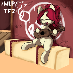 Size: 2000x2000 | Tagged: safe, derpibooru import, cherry jubilee, earth pony, pony, /mlp/ tf2 general, 2fort, community related, guitar, hay, hay bale, musical instrument, team fortress 2, text