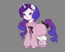 Size: 3145x2550 | Tagged: safe, artist:fluttr3, derpibooru import, rarity, pony, unicorn, alternate hairstyle, bow, clothes, female, gray background, mare, ribbon, simple background, smiling, solo, sweater, sweater dress, tail, tail bow