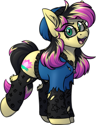 Size: 1396x1807 | Tagged: safe, artist:notetaker, derpibooru import, oc, oc only, oc:lotus elisia, earth pony, pony, beanie, clothes, female, hat, hockless socks, simple background, socks, solo, sunglasses, torn clothes, transparent background, zipper