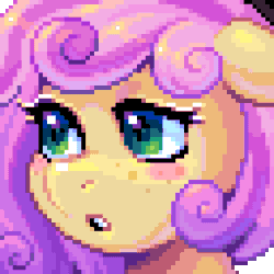 Size: 320x320 | Tagged: safe, artist:hikkage, derpibooru import, oc, oc only, oc:quickdraw, pony, animated, blushing, bust, curly hair, cute, ear flick, freckles, gif, green eyes, i watch it for the ears, looking at you, looking forward, pixel art, portrait, shy, smiling, solo, sparkly eyes, wingding eyes