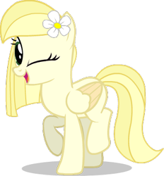 Size: 356x384 | Tagged: safe, artist:tankman, derpibooru import, oc, oc only, oc:daisy heart, pegasus, pony, daisy (flower), flower, green eyes, looking at you, one eye closed, pegasus oc, raised hoof, raised leg, shadow, simple background, solo, transparent background, wink, winking at you, yellow mane