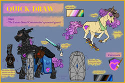 Size: 3000x2000 | Tagged: artist needed, safe, derpibooru import, oc, oc only, oc:quickdraw, earth pony, pony, armor, badass, bag, banner, boots, chain mail, clothes, coat markings, commissioner:dhs, cowboy hat, crossbow, crystal, cutie mark, cutie mark on clothes, description, feral, flintlock, freckles, gun, hat, helmet, hoof ring, lunar republic, name, plate armor, purple mane, red cross, reference sheet, running, saddle bag, satchel, shield, shoes, simple background, socks (coat marking), solo, spurs, standing, weapon, yellow coat