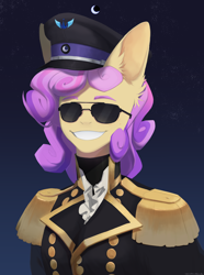 Size: 2248x3017 | Tagged: artist needed, safe, derpibooru import, oc, oc only, oc:quickdraw, anthro, equestria at war mod, big ears, bust, clothes, commissioner:dhs, curly hair, dictator, ears, evil, evil grin, grin, hat, lunar republic, military uniform, moon, night, night sky, portrait, sky, smiling, solo, sunglasses, uniform