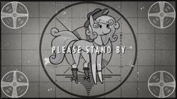 Size: 705x397 | Tagged: safe, artist:fenixdust, derpibooru import, oc, oc:quickdraw, earth pony, black and white, boots, clothes, coat markings, commissioner:dhs, cowboy hat, curly hair, curly mane, fallout, freckles, grayscale, hat, hoof ring, monochrome, scarf, shoes, simple background, socks (coat marking), solo, spurs, standing, text