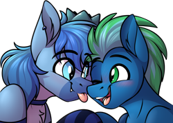 Size: 1478x1058 | Tagged: safe, artist:notetaker, derpibooru import, oc, oc only, oc:simon pegasus, bat pony, pegasus, pony, :p, couple, duo, ear piercing, eye clipping through hair, gay, male, pegasus oc, piercing, simple background, tongue, tongue out, transparent background