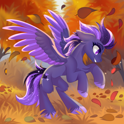 Size: 3000x3000 | Tagged: safe, artist:xvostik, derpibooru import, oc, oc only, oc:shadow galaxy, pegasus, pony, autumn, chest fluff, colored wings, commission, concave belly, ethereal mane, ethereal tail, falling leaves, female, grass, hooves, leaves, leg fluff, mare, pegasus oc, rearing, slim, smiling, solo, spread wings, starry mane, starry tail, tail, thin, tree, two toned wings, unshorn fetlocks, wings, ych result