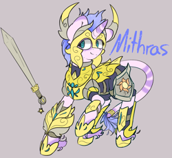 Size: 1280x1180 | Tagged: safe, artist:umbreow, derpibooru import, oc, oc:mithras, pony, unicorn, armor, male, solo, stallion, sword, weapon