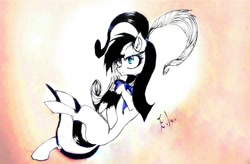 Size: 1024x670 | Tagged: safe, artist:hysteriana, derpibooru import, oc, oc only, earth pony, pony, black and white, blank flank, clothes, colored, earth pony oc, female, flying, full body, full color, gift art, grayscale, hair, heterochromia, light skin, mare, monochrome, pink background, ponytail, request, scarf, signature, simple background, solo, traditional art, unnamed oc