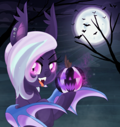 Size: 2350x2485 | Tagged: safe, artist:spookyle, derpibooru import, oc, oc:hollow melody, bat, bat pony, pony, female, halloween, holiday, jack-o-lantern, mare, moon, pumpkin, solo