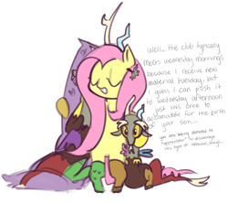 Size: 2015x1786 | Tagged: safe, artist:vilesmell, derpibooru import, discord, fluttershy, body pillow, crush plush, implied discoshy, implied shipping, implied straight, plushie, simple background, white background