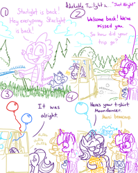 Size: 4779x6013 | Tagged: safe, artist:adorkabletwilightandfriends, derpibooru import, moondancer, spike, starlight glimmer, twilight sparkle, twilight sparkle (alicorn), oc, oc:pinenut, alicorn, butterfly, cat, comic:adorkable twilight and friends, adorkable, adorkable twilight, automobile, balloon, bending, bent over, butt, car, clothes, cloud, comic, cute, dork, driving, excited, eyes on the prize, french, friendship, glasses, glimmer glutes, grass, happy, holding, hose, humor, kite, looking at each other, looking at someone, looking away, magic, pleased, plot, shirt, slice of life, smiling, surprised, surprised face, t-shirt, trophy, visual gag, volvo, water, watering