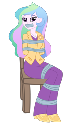 Size: 2000x3278 | Tagged: safe, artist:splendidbondage, derpibooru import, princess celestia, principal celestia, human, equestria girls, arm behind back, bondage, chair, gag, simple background, solo, tape, tape bondage, tape gag, tied up, transparent background