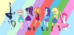 Size: 3706x1752 | Tagged: safe, artist:calmbreezes, derpibooru import, applejack, fluttershy, pinkie pie, rainbow dash, rarity, sci-twi, sunset shimmer, twilight sparkle, human, equestria girls, belt, boots, bowtie, breasts, clothes, converse, cowboy hat, denim, denim skirt, female, freckles, glasses, hair, hairpin, hand on hip, hand stand, hat, hoodie, humane five, humane seven, humane six, jacket, leather, leather vest, leggings, line-up, o mouth, ponytail, pose, rarity peplum dress, shirt, shoes, skirt, sleeveless, smiling, sweater, t-shirt, tanktop, teenager, top, upside down, vest, wristband