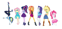 Size: 3706x1752 | Tagged: safe, artist:calmbreezes, derpibooru import, applejack, fluttershy, pinkie pie, rainbow dash, rarity, sci-twi, sunset shimmer, twilight sparkle, human, equestria girls, arms in the air, belt, boots, bowtie, breasts, clothes, converse, cowboy hat, denim, denim skirt, female, freckles, glasses, hair, hairpin, hand on hip, hand stand, hat, hoodie, humane five, humane seven, humane six, leaning, leaning forward, leather, leather vest, leggings, line-up, looking back, ponytail, pose, rarity peplum dress, shirt, shoes, simple background, skirt, sleeveless, smiling, sweater, t-shirt, tanktop, teenager, top, transparent background, upside down, vest, wristband
