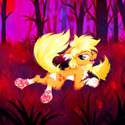 Size: 2500x2500 | Tagged: safe, artist:rurihal, derpibooru import, applejack, earth pony, hengstwolf, pony, werewolf, wolf, wolf pony, chest fluff, claws, ear fluff, ears, fangs, female, floppy ears, full moon, moon, night, night sky, nightmare night, paws, sky, solo, underpaw