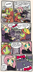 Size: 1460x3136 | Tagged: safe, artist:fluttershyweed, derpibooru import, fluttershy, tree hugger, anthro, earth pony, pegasus, car, clothes, comic, dialogue, driving, duo, female, hoodie, mare, speech bubble, tongue, tongue out