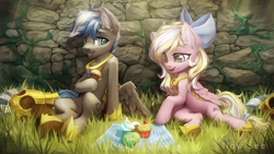 Size: 4533x2550 | Tagged: safe, artist:inowiseei, derpibooru import, oc, oc only, oc:bay breeze, oc:cloud zapper, pegasus, pony, armor, bow, cupcake, duo, duo male and female, eyebrows, female, folded wings, food, grass, guardsmare, hair bow, high res, hoof shoes, male, mare, muffin, open mouth, outdoors, pegasus oc, picnic, picnic blanket, royal guard, signature, sitting, stallion, wings