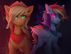 Size: 2048x1553 | Tagged: safe, artist:buvanybu, derpibooru import, applejack, rainbow dash, earth pony, pegasus, pony, bandana, duo, eye scar, eyepatch, facial scar, female, glowing, glowing eyes, looking at you, mare, neckerchief, scar, straw in mouth