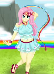 Size: 2975x4092 | Tagged: safe, artist:lennondash, derpibooru import, fluttershy, human, equestria girls, rainbow falls, adorasexy, arm behind head, belly button, breasts, clothes, cloud, cute, equestria girls interpretation, feet, female, floral head wreath, flower, grin, high res, hootershy, looking at you, midriff, rainbow, rainbow falls (location), sandals, scene interpretation, see-through, sexy, shyabetes, skirt, smiling, solo, stupid sexy fluttershy