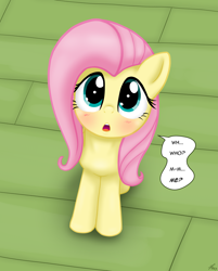 Size: 3091x3838 | Tagged: safe, artist:lennondash, derpibooru import, fluttershy, pegasus, pony, blushing, cute, daaaaaaaaaaaw, description is relevant, female, high angle, high res, looking at you, looking up, looking up at you, mare, open mouth, shyabetes, solo, speech bubble, stuttering, talking to viewer, tiled floor