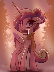 Size: 2048x2732 | Tagged: safe, artist:thebigstuff89, derpibooru import, princess cadance, alicorn, pony, g4, autumn, clothes, female, folded wings, full body, high res, horn, leaves, looking at you, mare, outdoors, scarf, solo, wings