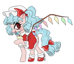 Size: 2094x1815 | Tagged: safe, artist:cozyglow, derpibooru import, cozy glow, pegasus, pony, undead, vampire, vampony, blue hair, clothes, cosplay, costume, cozybetes, crossover, cute, dress, fangs, female, filly, flandre scarlet, foal, hat, ponytail, race swap, red dress, red eyes, ruffles, simple background, skirt, smiling, solo, touhou, transparent background