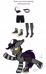Size: 1122x1784 | Tagged: safe, artist:lostbrony, derpibooru import, oc, oc only, oc:specter, bat pony, blushing, cap, choker, clothes, converse, ear tufts, embarrassed, fangs, hat, male, meme, shoes, simple background, sneakers, socks, solo, stallion, striped socks, studded choker, underwear, white background