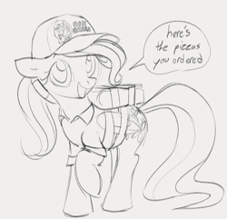 Size: 1012x975 | Tagged: safe, artist:dotkwa, derpibooru import, fluttershy, pegasus, pony, alternate hairstyle, baseball cap, cap, clothes, cyrillic, dialogue, ears back, female, food, gray background, grayscale, hat, mare, monochrome, pizza, pizza delivery, pon-pushka, ponytail, simple background, sketch, solo, speech bubble, talking to viewer, uniform