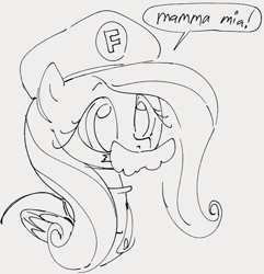 Size: 666x692 | Tagged: safe, artist:dotkwa, derpibooru import, fluttershy, pegasus, pony, cap, clothes, cosplay, costume, cute, fake moustache, female, gray background, grayscale, hat, mama mia, mare, monochrome, overalls, shyabetes, simple background, sketch, solo, super mario bros.