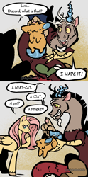 Size: 2344x4728 | Tagged: safe, artist:mod, derpibooru import, discord, fluttershy, oc, oc:poly, draconequus, hybrid, original species, pegasus, pony, 2 panel comic, biting, comic, dialogue, discord being discord, duo, duo male and female, female, hair bite, male, mare, pet oc, speech bubble