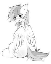 Size: 1924x2404 | Tagged: safe, artist:ggashhhhissh, derpibooru import, rainbow dash, pegasus, pony, blushing, butt, butt blush, cute, female, looking at you, looking back, looking back at you, mare, monochrome, partially open wings, plot, rainbutt dash, simple background, sitting, sketch, solo, white background, wings