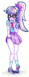 Size: 730x1900 | Tagged: safe, artist:jack107401, derpibooru import, sci-twi, twilight sparkle, equestria girls, blushing, clothes, female, legs together, lip bite, looking at you, pigeon toed, simple background, skirt, skirt lift, solo, white background