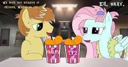 Size: 1360x711 | Tagged: safe, derpibooru import, feather bangs, kerfuffle, earth pony, pegasus, pony, /mlp/ tf2 general, bucket of chicken, chicken meat, cutie mark crusaders patch, dialogue, duo, food, fried chicken, meat, scout, team fortress 2, text