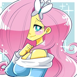 Size: 2000x2000 | Tagged: safe, artist:eemapso, derpibooru import, fluttershy, human, big hair, blush sticker, blushing, bust, clothes, cute, hair over one eye, humanized, lidded eyes, looking at you, off shoulder, passepartout, pony coloring, shyabetes, smiling, smiling at you, solo, white pupils