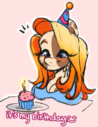 Size: 1007x1302 | Tagged: safe, artist:paintedcora, derpibooru import, oc, oc only, oc:painted cora, anthro, birthday, birthday candles, blush sticker, blushing, breast rest, breasts, busty oc, cleavage, clothes, cupcake, eye clipping through hair, food, hat, party hat, pink background, simple background, smiling, solo