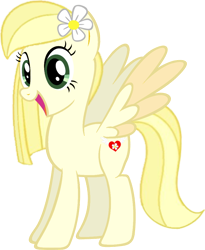 Size: 852x1038 | Tagged: safe, artist:tankman, derpibooru import, oc, oc only, oc:daisy heart, pegasus, pony, daisy (flower), flower, green eyes, happiness, happy, looking at you, open mouth, pegasus oc, simple background, smiling, solo, spread wings, transparent background, wings, yellow mane, yellow skin