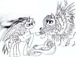 Size: 960x720 | Tagged: safe, artist:hysteriana, derpibooru import, oc, pegasus, pony, blue eyes, crowfeather, duo, duo male and female, feather, feathered wings, feathertail, female, flying, folded wings, love, male, old art, ponified, romantic, simple background, species swap, spread wings, torn ear, warrior cats, white background, wings