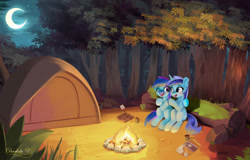 Size: 2001x1280 | Tagged: safe, artist:darksly, derpibooru import, minuette, oc, oc:laser shine, earth pony, pegasus, pony, unicorn, campfire, earth pony oc, fire, forest, moon, night, s'mores, tent