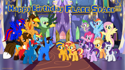 Size: 4588x2580 | Tagged: safe, artist:andoanimalia, derpibooru import, applejack, fluttershy, pinkie pie, rainbow dash, rarity, spike, starlight glimmer, sunset shimmer, twilight sparkle, twilight sparkle (alicorn), oc, oc:ej, oc:firey ratchet, oc:flare spark, oc:gregory griffin, oc:shield wing, oc:stephen (stephen-fisher), oc:train track, alicorn, dragon, birthday, happy birthday, mane seven, mane six, ponysona, the fire lightning squad, twilight's castle, winged spike, wings