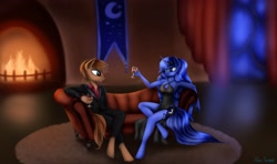 Size: 2986x1762 | Tagged: safe, artist:pony-stark, derpibooru import, princess luna, oc, alicorn, anthro, unicorn, clothes, dress, duo, looking at each other, looking at someone, sitting, smoking